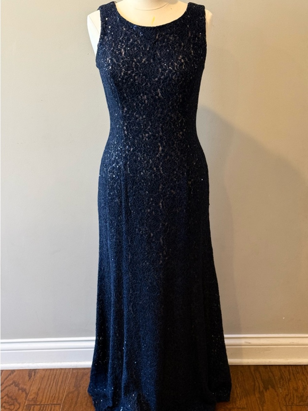 Sleeveless Navy Lace Evening Gown